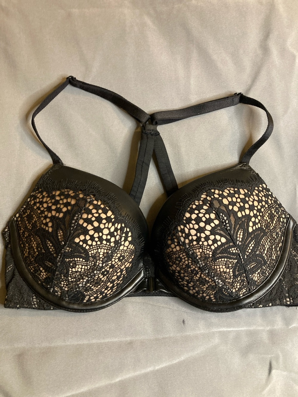 Victoria's Secret Black Lace Bra with Nude Lining and Strappy Back